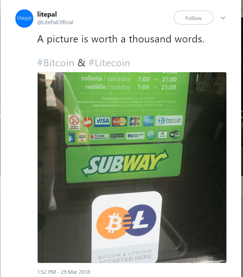 Bitcoin og Litecoin-logo i Subway