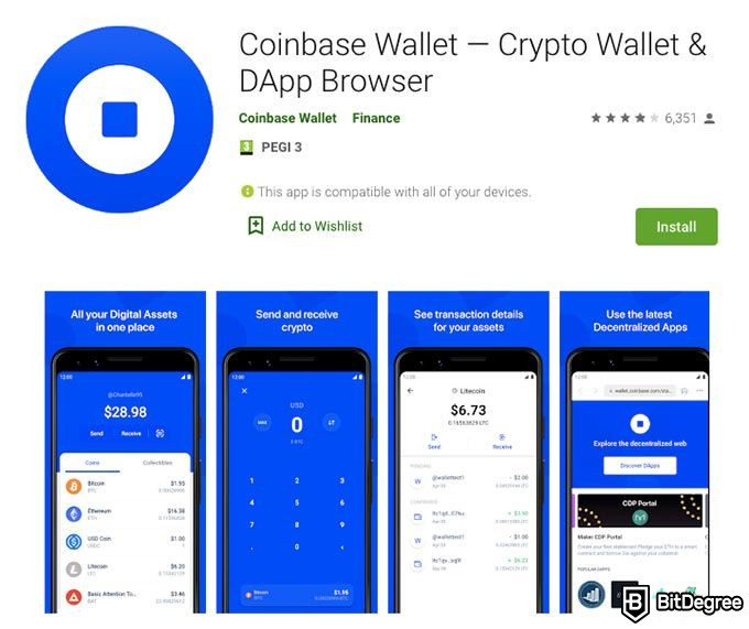 Pregled denarnice Coinbase: aplikacija Coinbase v trgovini Google Play.