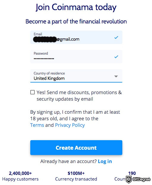 Gjennomgang av Coinmama: e-postadresse, passord og hjemland.