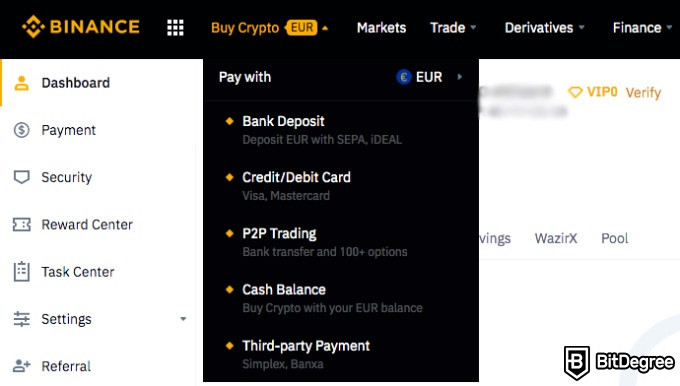 Kako kupiti na Binance: kupi kripto zavihek.