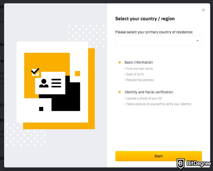 Kako kupiti na Binance: izbira vaše regije in preverjanje vaše identitete.