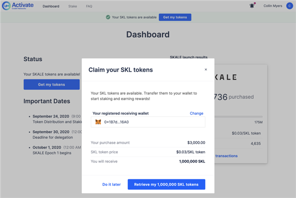 1.2 Se sammendraget av det kjøpte beløpet og tilhørende SKL-token-tildeling. Klikk på “Hent SKL-tokens” for å starte overføringsforespørselen.