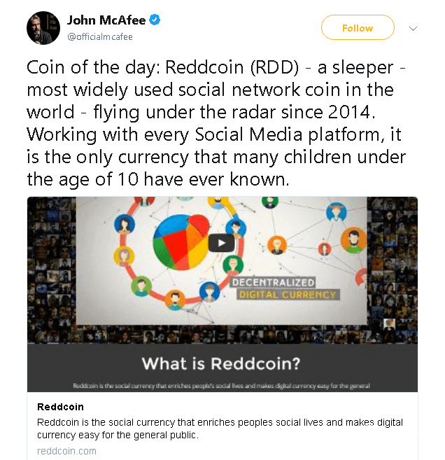 Jogn McAfee twitter Predviđanje cijene Reddcoin